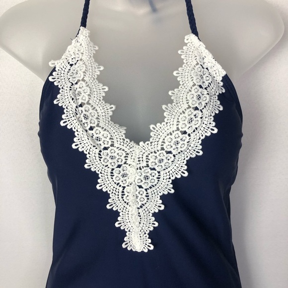 NEW Boutique Navy V-Neck Halter Lace Trim One Piece Swimsuit s - Picture 8 of 8